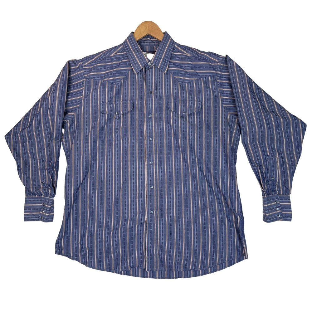 Vtg Panhandle Slim Western Pearl Snap Shirt Blue Striped Long Sleeve 17 1/2-36
